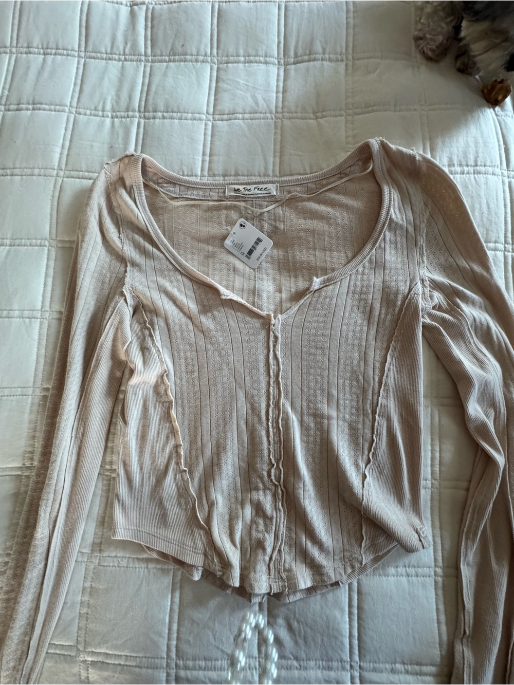 Free People Soft Beige Ribbed Scoop-Neck Long Sleeve Top